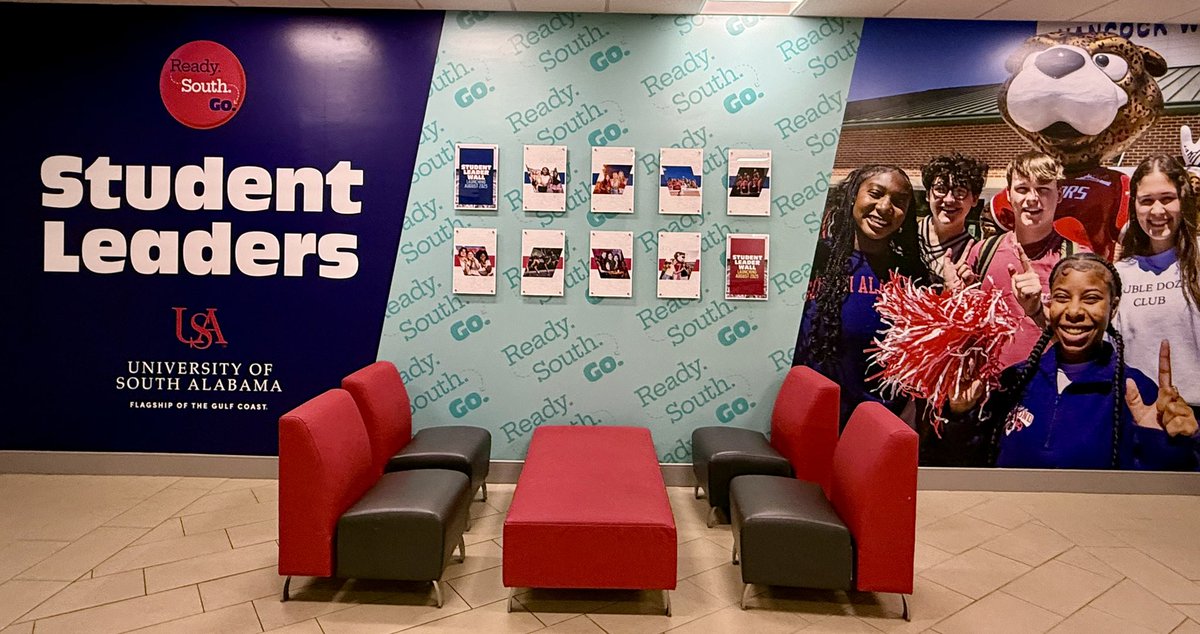 SA_StuAffairs's tweet photo. Introducing our new Student Leader Wall! Located in the Student Center, this vibrant new display celebrates the incredible student leaders and organizations that make South Alabama shine. Starting August 2025, we’ll feature a new leader or group each month. (1/2) https://t.co/G2JEGh7aMq