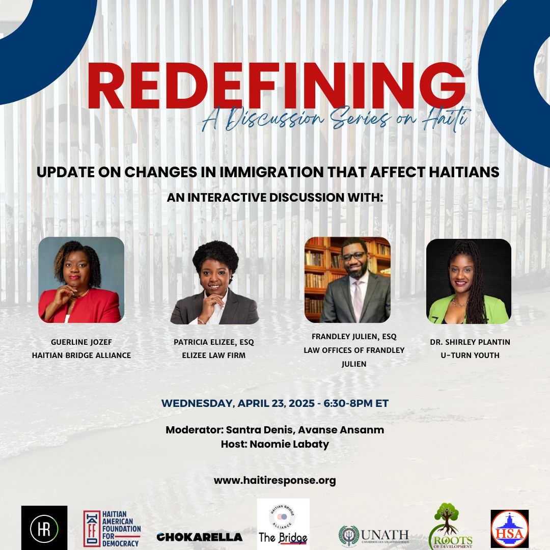 Join us TOMORROW Wed, 4/23 at 6:30pm for an Update on Immigration Changes that Affect Haitians with <a href="/GuerlineMJozef/">Guerline M.Jozef</a> on CHNV decision, Atty <a href="/frandleyjulien/">Frandleyjulien</a> &amp; <a href="/ElizeeLaw/">Elizee Law Firm</a> w/legal updates &amp; Dr. Shirley Plantin &amp; Santra Denis of <a href="/AvanseAnsanm/">Avanse Ansanm</a>. Register: zoom.us/webinar/regist… #Haiti