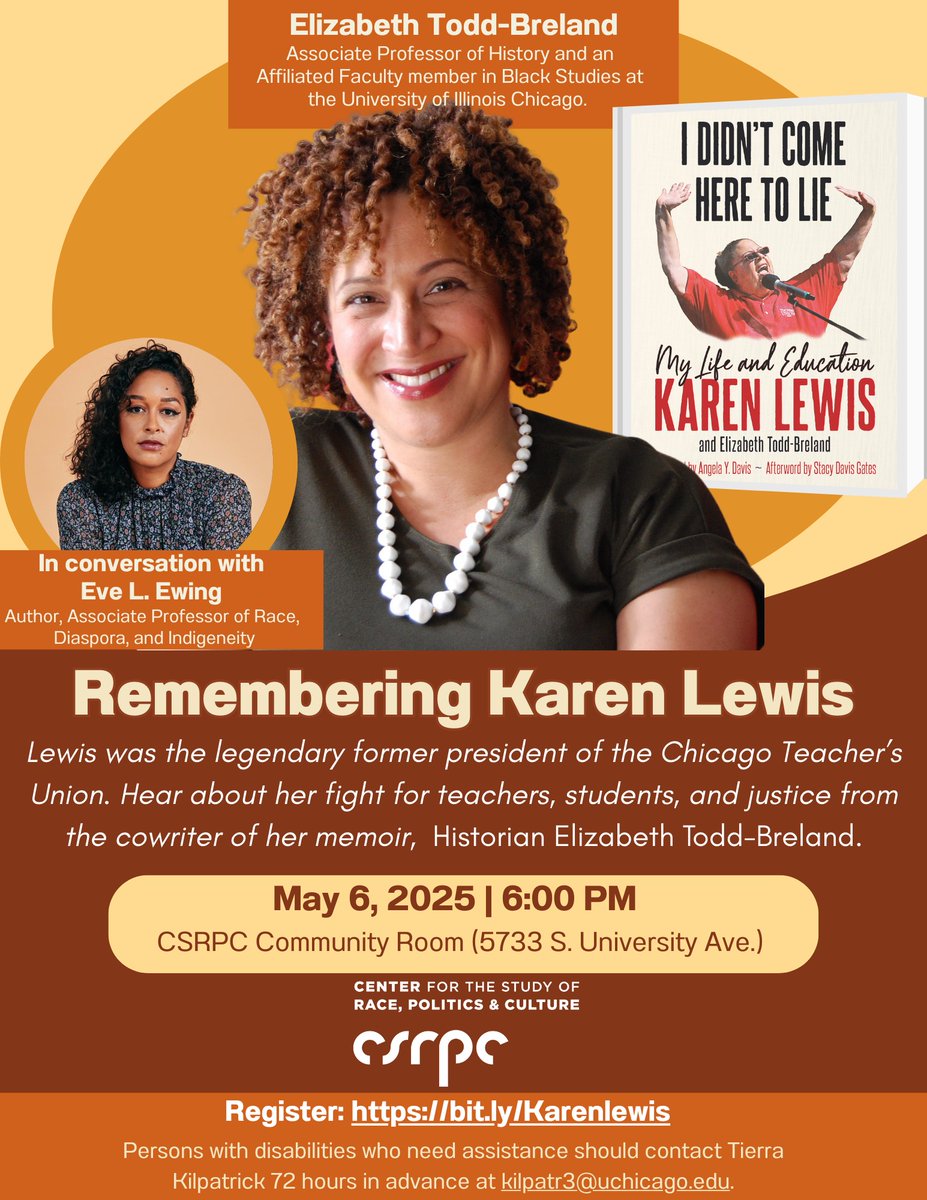 Don't Miss! May 6 (new date!), Remembering Legendary Former President of Chicago Teachers Union Karen Lewis. Come hear from the cowriter of her memoir in a discussion facilitated by Eve Ewing 

#KarenLewis #ChicagoTeachersUnion #EducationLeadership #EveEwing #LegendaryLeaders