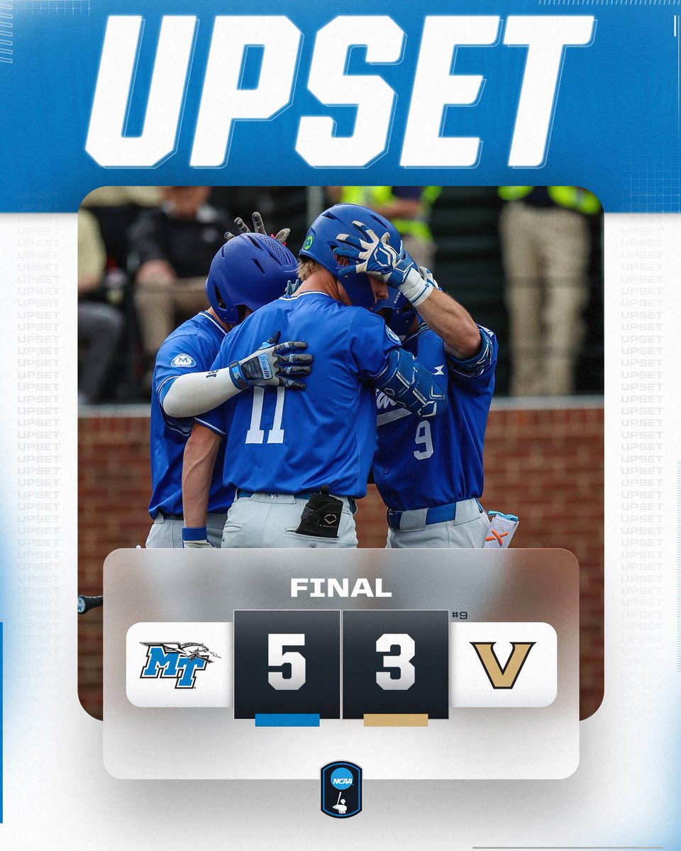 NCAA Baseball (@ncaabaseball) on Twitter photo MTSU COMES OUT ON π
<a href="/MT_Baseball/">Middle Tennessee Baseball</a> upsets No. 9 Vanderbilt!
#NCAABaseball MTSU COMES OUT ON π
<a href="/MT_Baseball/">Middle Tennessee Baseball</a> upsets No. 9 Vanderbilt!
#NCAABaseball