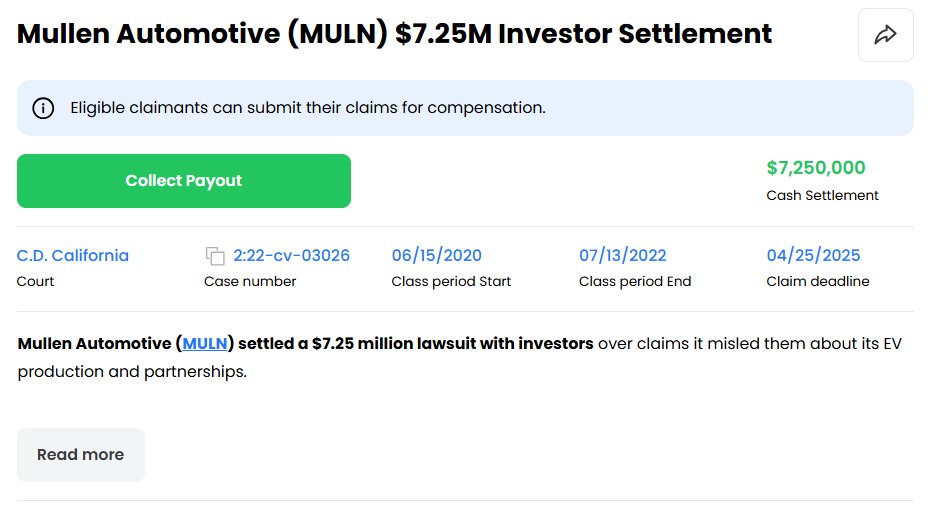 11thestate's tweet image. We’ve already received hundreds of claims for the #Mullen settlement.

Now, an important update for all $MULN investors — the deadline to file is just 2 days away.

If you haven’t checked yet, now’s the time. After a drop like that, it’s totally worth a look. #MullenAutomotive