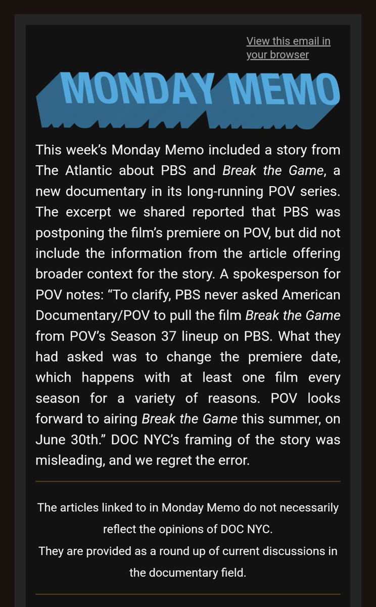 So <a href="/POVdocs/">POV on PBS</a> has asked DOCNYC to provide "broader context" for its newsletter item about PBS's decision to pull the trans-themed film BREAK THE GAME from its scheduled slot on Apr. 7.

1/