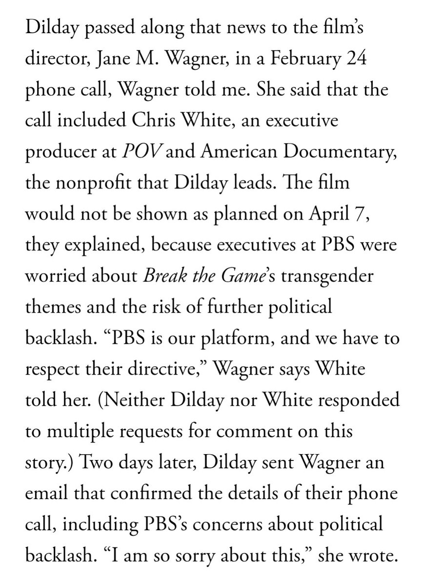 The film's director, <a href="/JaneMWagner/">Jane M. Wagner</a>, told me that POV's executive producers were explicit about the fact that her film had lost its premiere date for political reasons-- a fact they subsequently confirmed to her by email.

3/