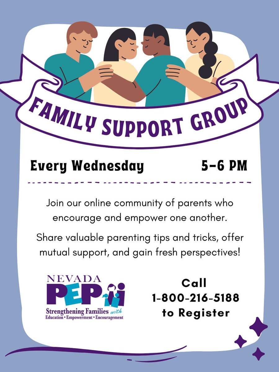 NevadaPEP's tweet image. Our group provides an educational &amp;amp; supportive platform to share valuable parenting tips &amp;amp; tricks, offer peer support, &amp;amp; gain fresh perspectives. Join our empowering community of parents! 

☎️ 1-800-216-5188

#NevadaParents #NevadaFamilies #ParentSupportGroup #SpecialEducation