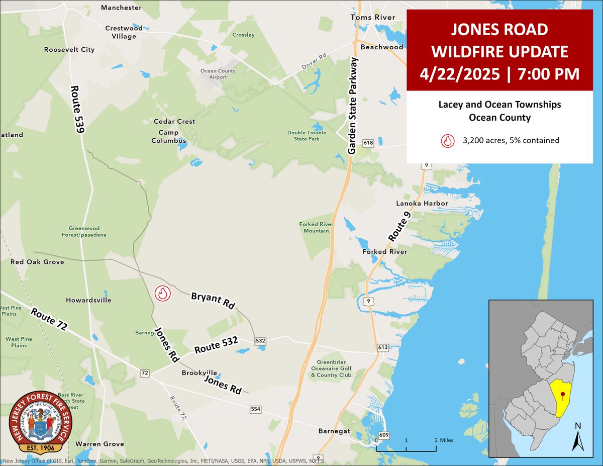 WILDFIRE UPDATE: Jones Road Wildfire - Ocean &amp; Lacey Townships, Ocean County

New Jersey Forest Fire Service remains on scene of a wildfire burning in Ocean &amp; Lacey Townships, Ocean County.

SIZE &amp; CONTAINMENT
🔥 3,200 acres
🔥 5% contained
