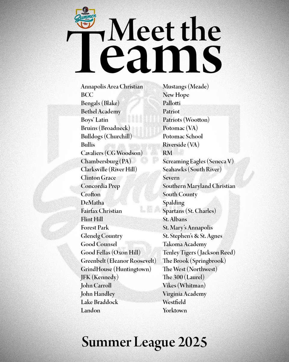 The field is set for the 2025 Capitol Hoops Summer League @ DeMatha+. 

It all starts May 18th. 
* updated list *