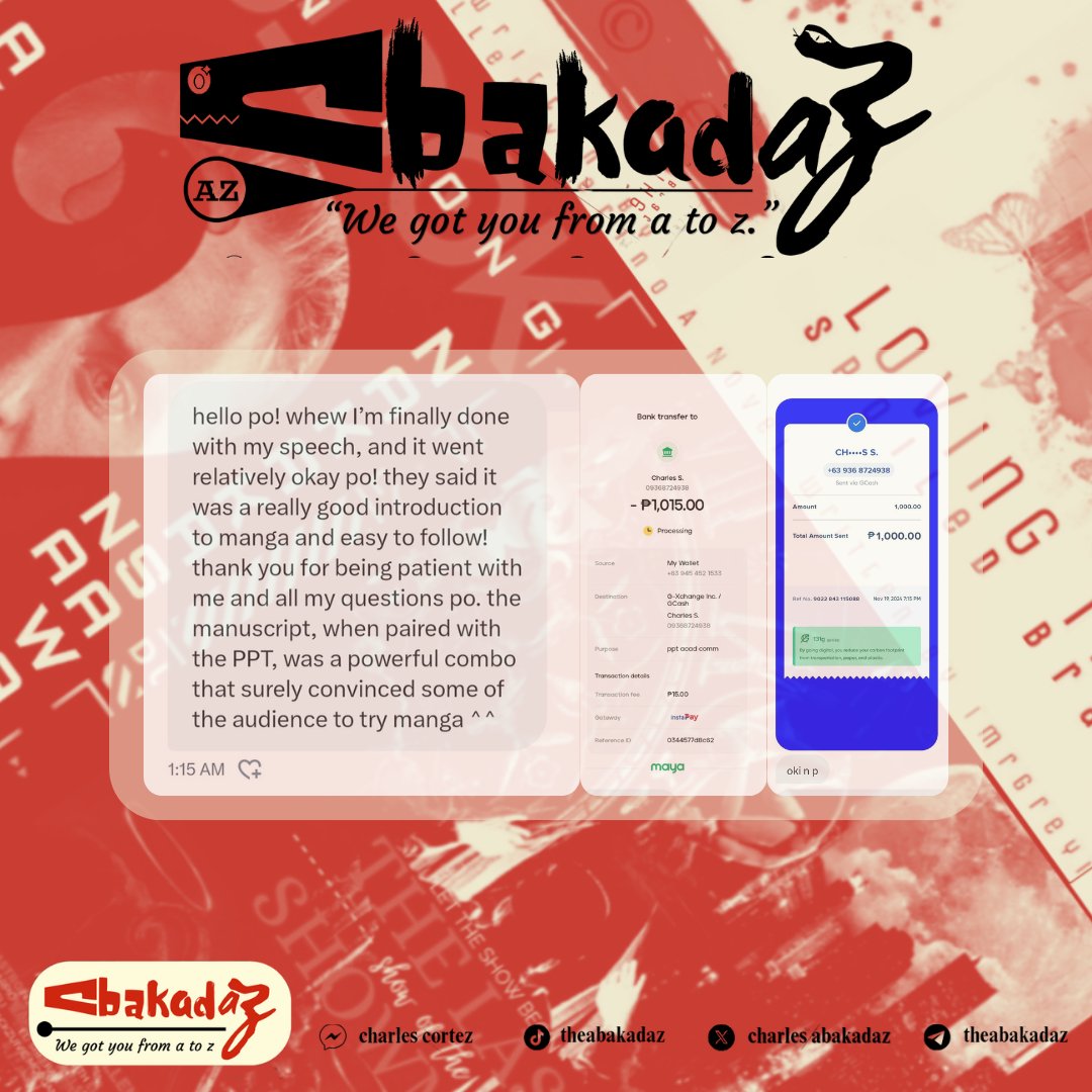 Client: A returnee (a four-digit commission)
Task: PPT &amp; Reporting Script About Why People Should Read Manga.
Availability: Open 24/7

#AbakadazDominante

Tags: lf client lf commissions lf commissioner Abakadaz Dominante Fyp