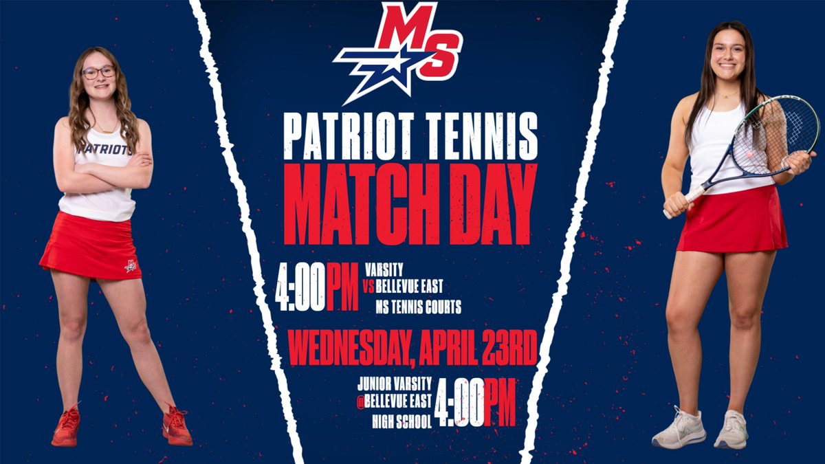 MSPatriotTennis's tweet photo. Varsity and JV squads face the Chieftains of Bellevue East this afternoon! Varsity is at home; JV is at Bellevue East. It should be a fun battle! #NextPoint @MSHSactivities https://t.co/T8V4QIa8Hc