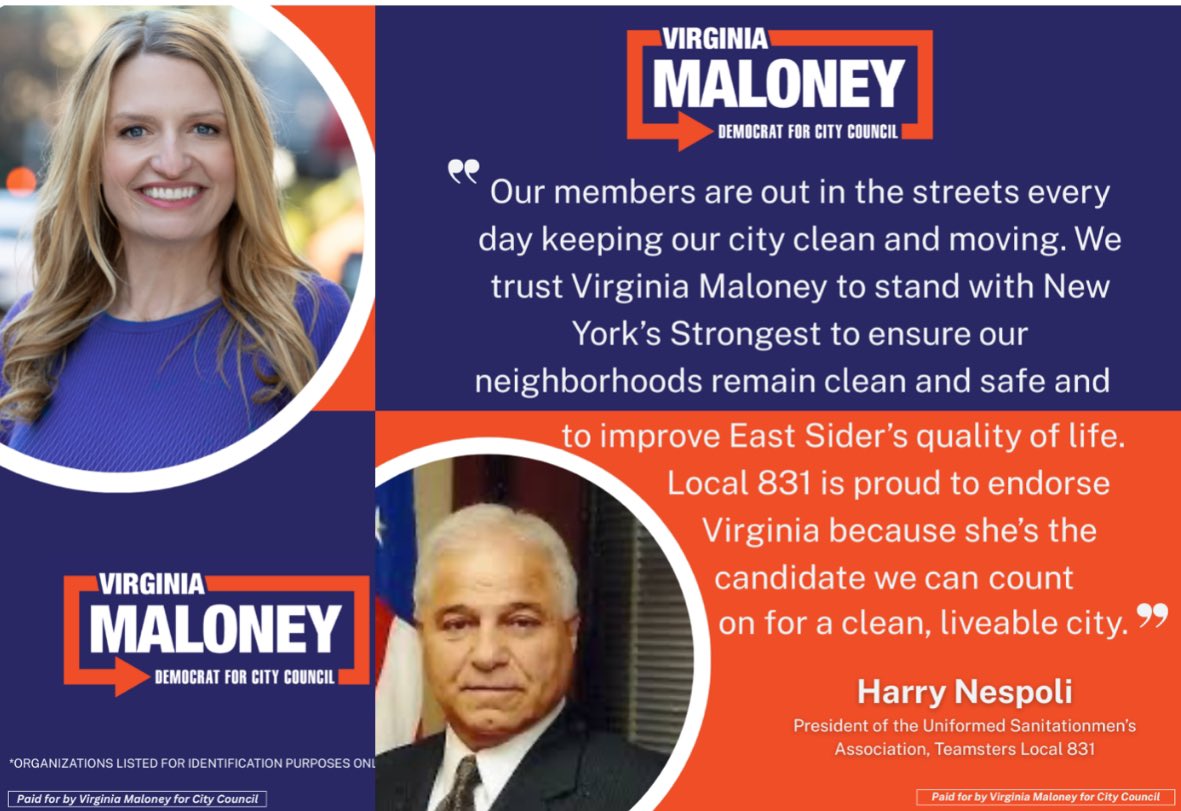I am incredibly proud that my daughter, Virginia Maloney, has been endorsed for City Council District 4 by the Uniformed Sanitationmen's Association, Teamsters Local 831. This union represents the workers who have the vital job of keeping our city clean, safe, and moving!
