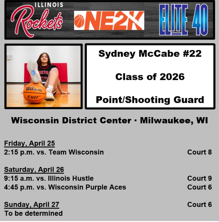 Sydney McCabe (@sydneymccabe12) on Twitter photo Looking forward to the <a href="/USJN/">USJN</a> Windy City Classic in Milwaukee. Come check out <a href="/il_RocketsGBB/">il.rockets.GBB</a> 17U Elite40 this weekend!
<a href="/WLC_WBB/">WLC Women's Basketball</a> <a href="/_mattrichter/">Matt Richter</a> <a href="/JudsonWBB/">Judson Women’s Basketball</a> <a href="/CoachDPaul/">Devrinn Paul</a> <a href="/UWPlattWBB/">UW-Platteville Women’s Basketball</a> <a href="/MSOEwbb/">MSOE Women’s Basketball</a> <a href="/TrineWBB/">Trine Women's BBall</a> <a href="/KruzelJosh/">Josh Kruzel</a> <a href="/damo8solo/">Damian Robinson</a> Looking forward to the <a href="/USJN/">USJN</a> Windy City Classic in Milwaukee. Come check out <a href="/il_RocketsGBB/">il.rockets.GBB</a> 17U Elite40 this weekend!
<a href="/WLC_WBB/">WLC Women's Basketball</a> <a href="/_mattrichter/">Matt Richter</a> <a href="/JudsonWBB/">Judson Women’s Basketball</a> <a href="/CoachDPaul/">Devrinn Paul</a> <a href="/UWPlattWBB/">UW-Platteville Women’s Basketball</a> <a href="/MSOEwbb/">MSOE Women’s Basketball</a> <a href="/TrineWBB/">Trine Women's BBall</a> <a href="/KruzelJosh/">Josh Kruzel</a> <a href="/damo8solo/">Damian Robinson</a>