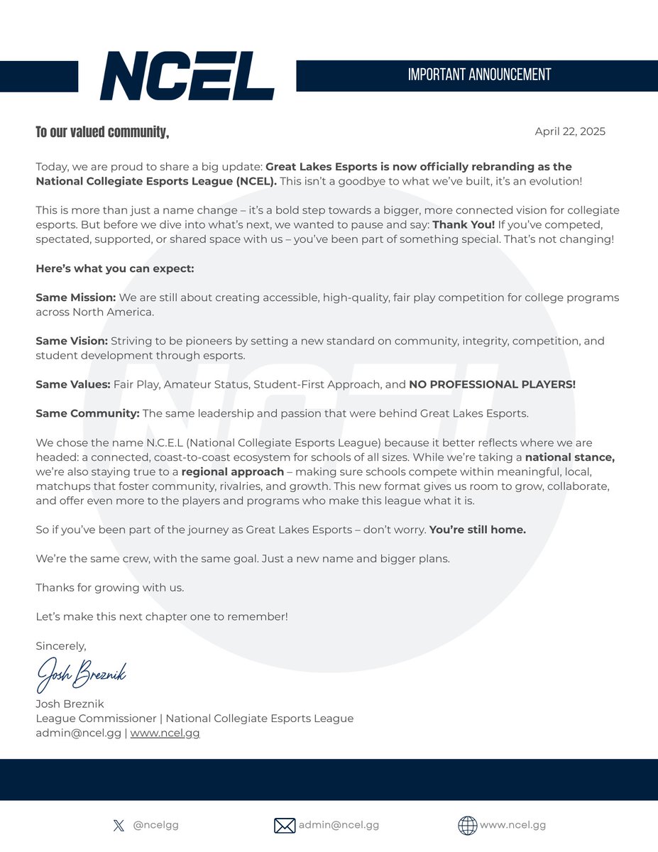 Big News!!! 📣

Great Lakes Esports is now the National Collegiate Esports League!

New name, bigger vision — same love for college esports. 💙

#ConnectedThroughCompetition #Esports #TheNCEL