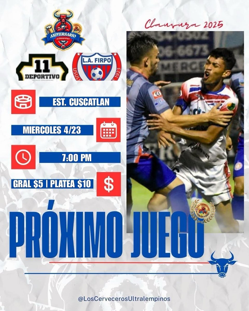 cervecerosul's tweet photo. 𝑃𝑅𝑂𝑋𝐼𝑀𝑂 𝐽𝑈𝐸𝐺𝑂: 𝑴𝑰𝑬𝑹𝑪𝑶𝑳𝑬𝑺 𝟐𝟑/𝑨𝑩𝑹𝑰𝑳
Estadio CUSCATLAN | #SanSalvador
7 PM | $5, $10

🇳🇱¡Hacele huevos Firpense que tenes que ganar!. 🇳🇱o https://t.co/jOhk3rZoS8