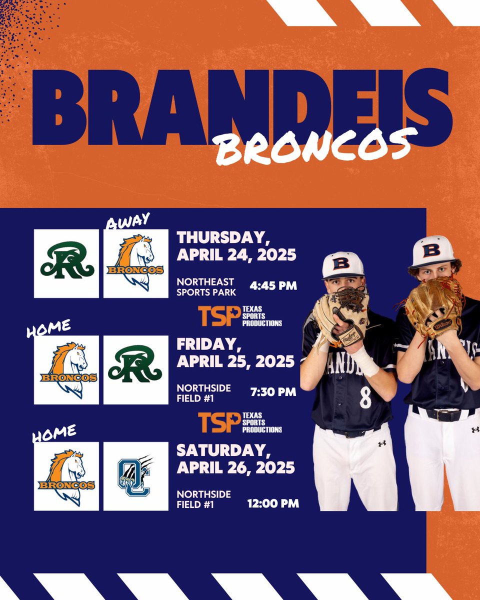 TJ Byrd c/o 2026 (@tjbyrd2026) on Twitter photo One goal in sight.
We’re ready. ⚾️🔥
Brandeis vs. Reagan for the district title.
Stream live on Texas Sports Productions.
O’Connor on deck this Saturday.
Let’s finish the regular season strong 💪
#DistrictChampsHunt #BTheBrand #pitchers <a href="/BroncoHardball/">Brandeis HS Baseball</a> <a href="/stsliders/">South Texas Sliders</a> <a href="/TSPLiveStream/">Texas Sports Productions</a> One goal in sight.
We’re ready. ⚾️🔥
Brandeis vs. Reagan for the district title.
Stream live on Texas Sports Productions.
O’Connor on deck this Saturday.
Let’s finish the regular season strong 💪
#DistrictChampsHunt #BTheBrand #pitchers <a href="/BroncoHardball/">Brandeis HS Baseball</a> <a href="/stsliders/">South Texas Sliders</a> <a href="/TSPLiveStream/">Texas Sports Productions</a>