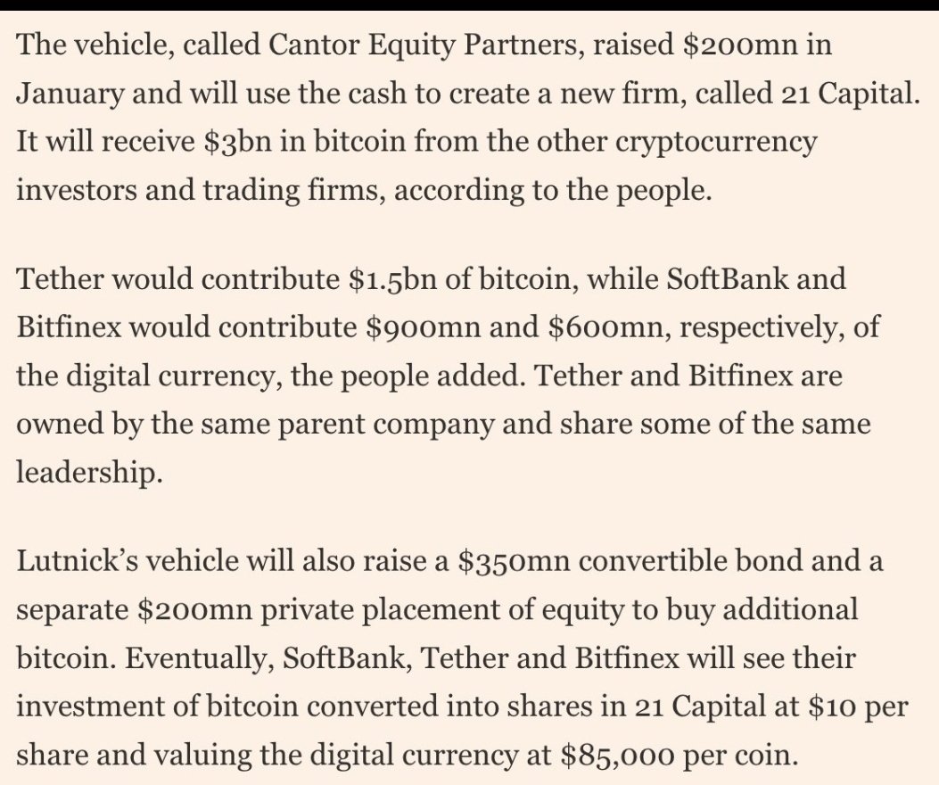 🚨 SoftBank to Join Tether, Bitfinex, and Cantor to launch 21 Capital,  seeded with $3B in Bitcoin and set to go public via SPAC: FT SoftBank will  contribute $900M to buy BTC @