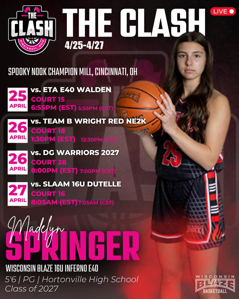 Madelyn Springer (@madi_springer25) on Twitter photo Here is my schedule for this weekend at The Clash! <a href="/LisaMVanWyk/">Lisa Van Wyk</a> <a href="/WIBlazeInferno/">WI Blaze Inferno Girls</a> <a href="/WisconsinBlaze/">Wisconsin Blaze Girls Basketball</a> <a href="/Elite40League/">Elite 40 League</a> <a href="/SelectEventsBB/">Select Events Basketball</a> Here is my schedule for this weekend at The Clash! <a href="/LisaMVanWyk/">Lisa Van Wyk</a> <a href="/WIBlazeInferno/">WI Blaze Inferno Girls</a> <a href="/WisconsinBlaze/">Wisconsin Blaze Girls Basketball</a> <a href="/Elite40League/">Elite 40 League</a> <a href="/SelectEventsBB/">Select Events Basketball</a>