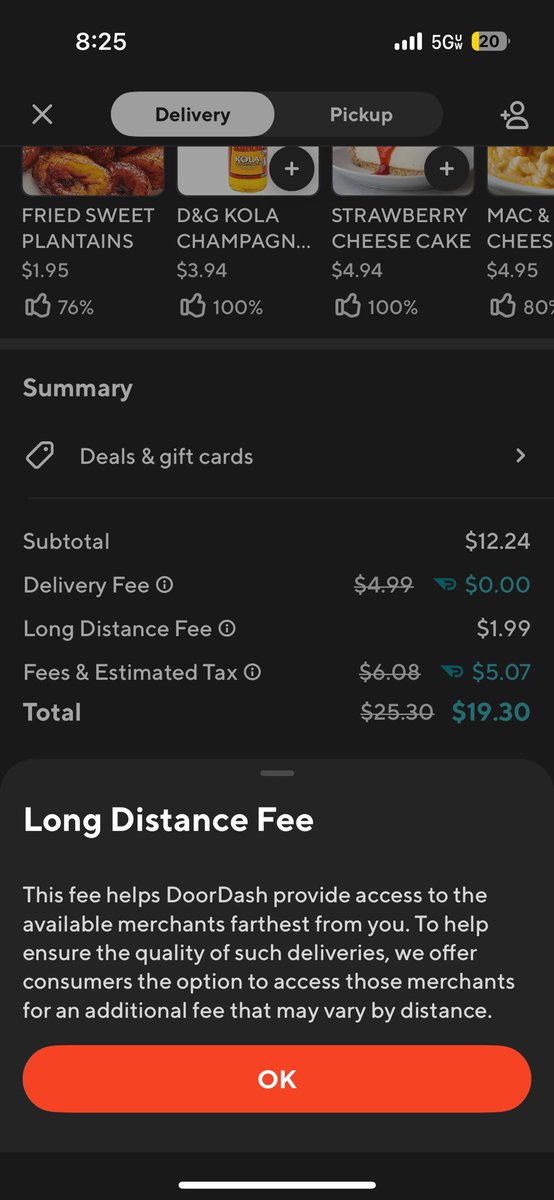 0riginalStretch's tweet photo. @DoorDash I thought your long distance fee was specific to the Seattle area why am I seeing it in New York https://t.co/V5uwxy2V4E