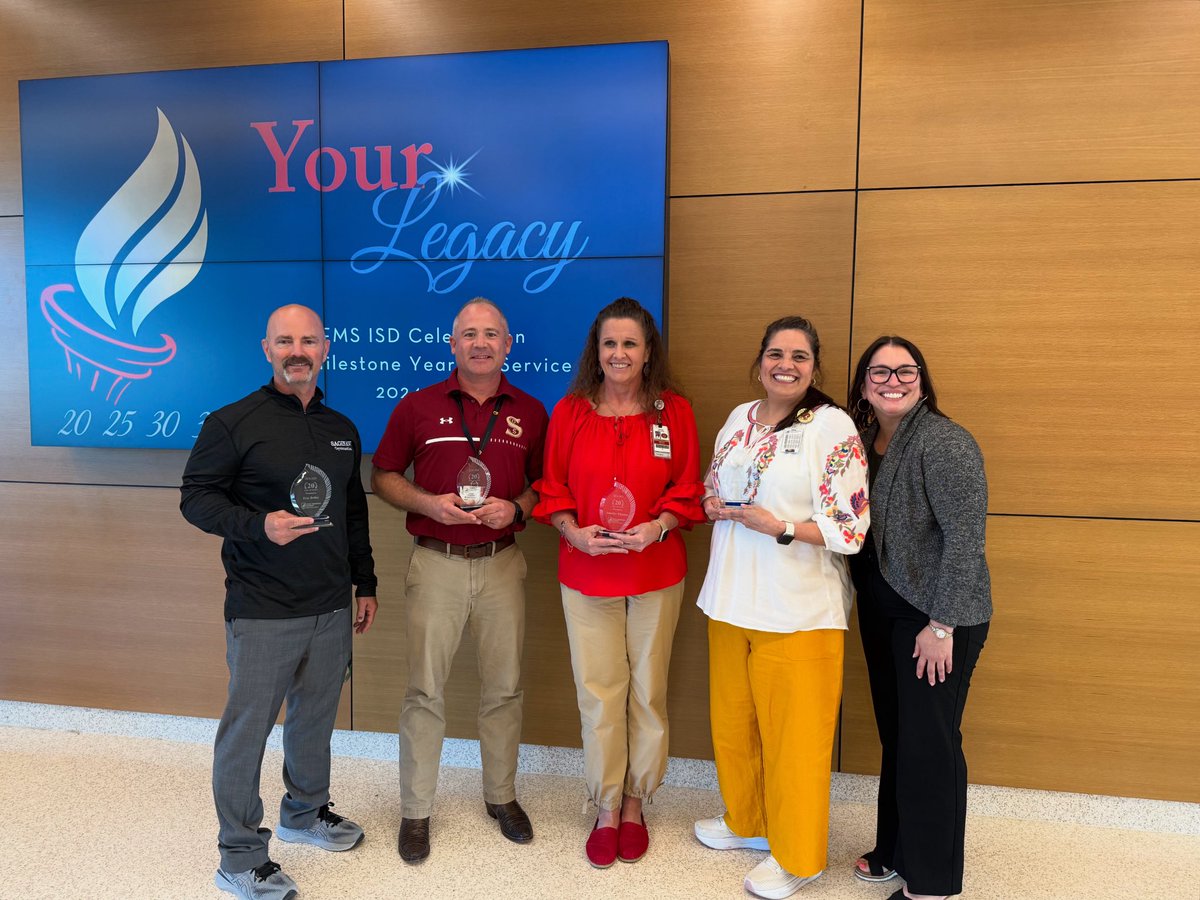 We are grateful for the dedication and leadership of our very own Rough Riders ❤️💛 Congratulations to Coach Briley, Mr. Pearson, Ms. Thomas, and Ms. Vega on 20 YEARS of service to EMS ISD!