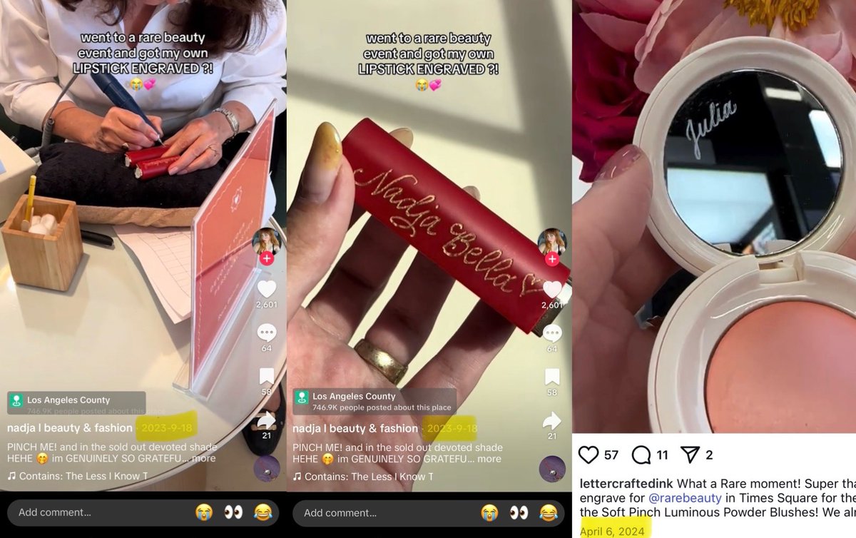 greatestselena's tweet photo. The way Rhode fans are lying about the dates lol

Rare Beauty has been engraving products at their events since September 2023. 

Rhode didn’t start doing this until October 2024. https://t.co/rK4yrfnsc0