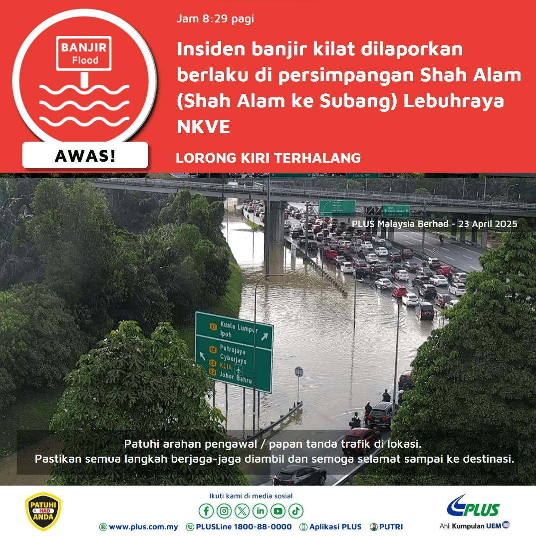 Flash floods hit the Klang Valley this morning after several hours of heavy rain overnight.

Near the Shah Alam Toll Plaza, flooding is causing delays along the GCE and routes from the Bukit Jelutong Toll and Persiaran Mokhtar Dahari.

📷: PLUS