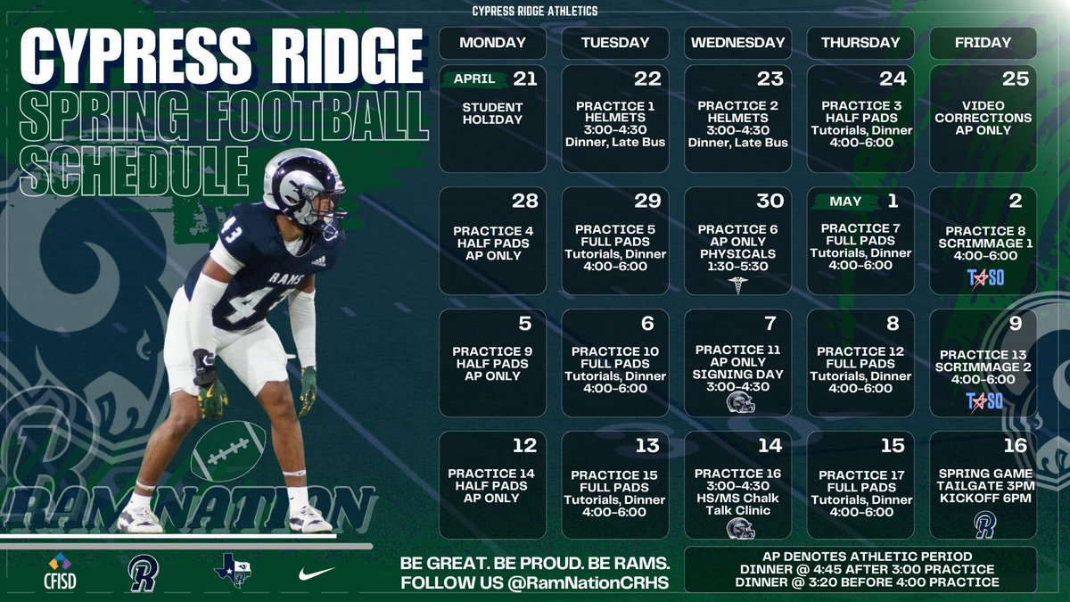 coachshanle's tweet photo. Practice 1 of 18 is in the books and the energy was GREAT! Shoutout to our staff and squad for bringing championship #habits in the classroom 📚, during the athletic period 🏋️‍♂️, and on the field 🏈! #SpringBall2025 @RamNationCRHS 

“Better today than yesterday. Better tomorrow than today.” #DoTheWork #ClimbTheRidge #RamPride @CypressRidgeHS @DrLozano_CFISD @CyRidgeMedia @CyRidgeBooster 

#RecruitCypressRidge #StraightLineRecruiting #SLR @THSCAcoaches