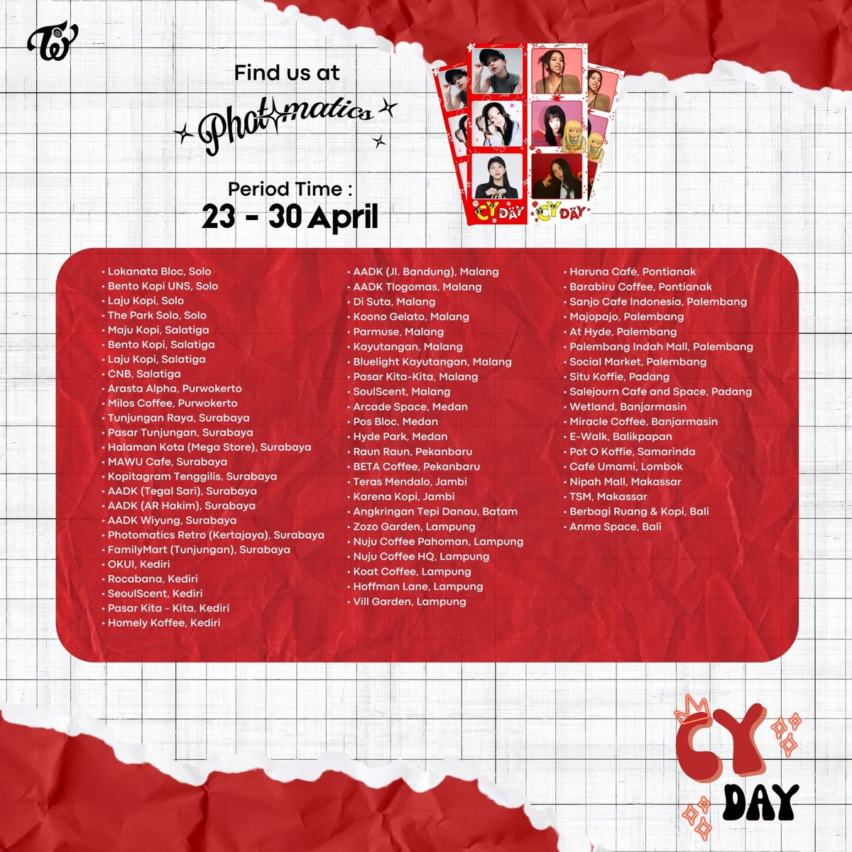 ⋆｡˚🍓 𝐂𝐡𝐚𝐞𝐧𝐠 𝐂𝐡𝐢𝐥𝐥 𝐂𝐨𝐫𝐧𝐞𝐫! 🍓⋆｡˚

Strawberry dreamin’ at Chaeyoung’s Birthday Photoboox! ✨

📍 Photomatics
📅 23 – 30 April 2025

Snap, sip, and sprinkle some 🍓 vibes—then don’t forget to tag <a href="/TWICEINAPROJECT/">TWICE INA PROJECT</a>!

#딸기처럼_챙콤달콤_귀여
#BerryVeryLikeCHAENG