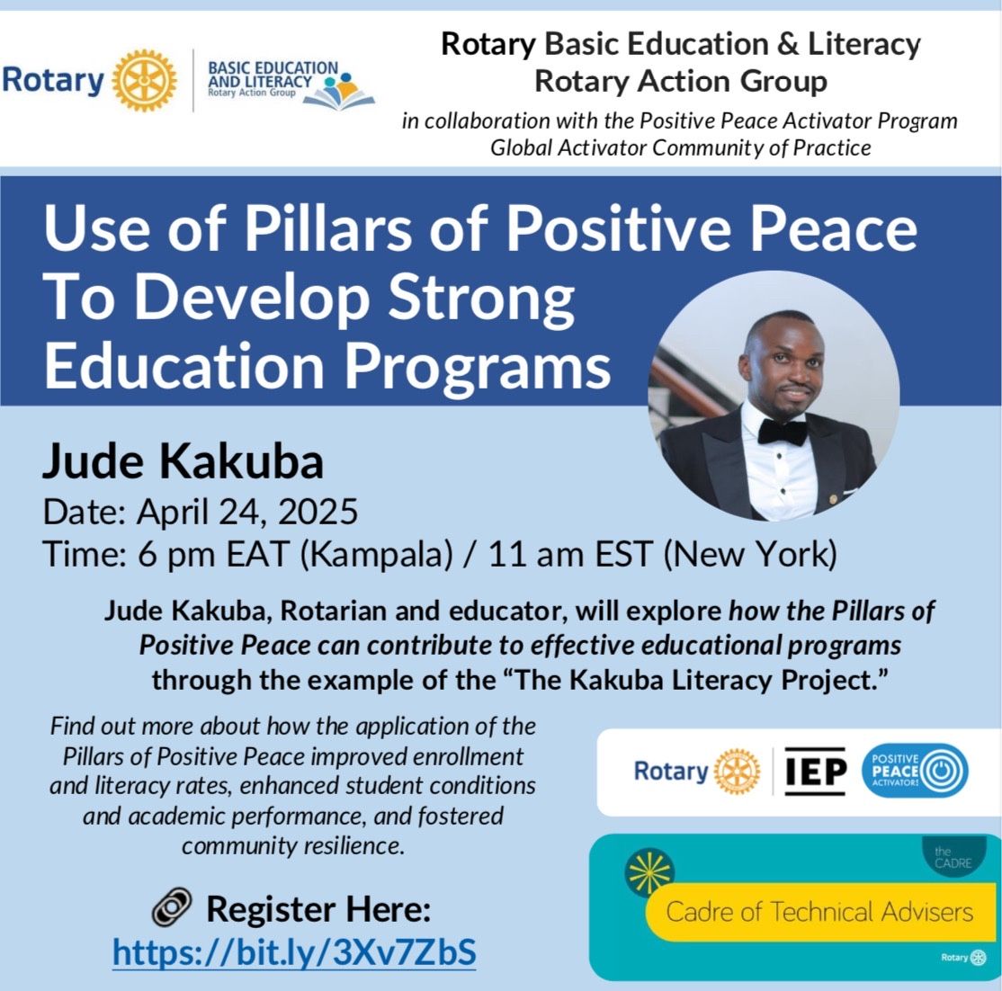Have a passion for literacy, education, or peace building efforts? 

Join the Rotary Basic Education &amp; Literacy Action Group webinar on Thursday April 24th at 11:00 AM.

Register ➡️: us02web.zoom.us/meeting/regist…
