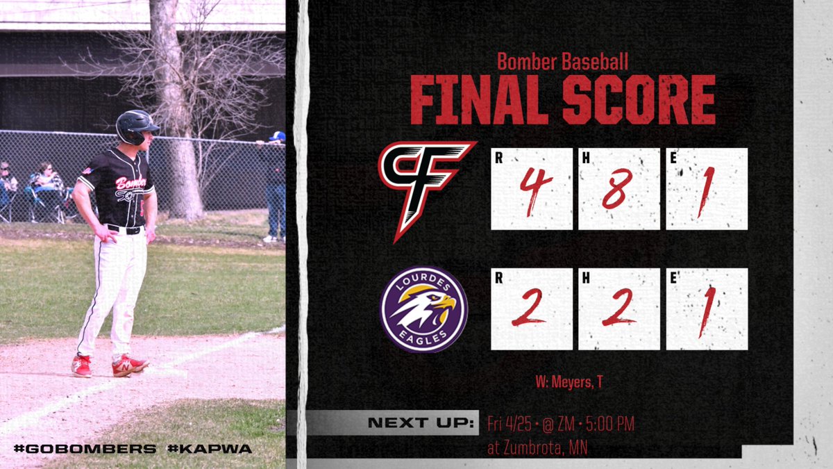 CFBombersBaseball (@cfbombersbsb) on Twitter photo Bombers win! Good luck to <a href="/LourdesBasebal1/">Rochester Lourdes Baseball</a> the rest of the way! Nice day from Johnny Wholestaff on the mound. Youngster @tylerme38521044 snipes the win, offense supplied by <a href="/RyanHjel/">Ryan Hjellming</a> via the long ball with the grand slam! #gobombers #kapwa Bombers win! Good luck to <a href="/LourdesBasebal1/">Rochester Lourdes Baseball</a> the rest of the way! Nice day from Johnny Wholestaff on the mound. Youngster @tylerme38521044 snipes the win, offense supplied by <a href="/RyanHjel/">Ryan Hjellming</a> via the long ball with the grand slam! #gobombers #kapwa