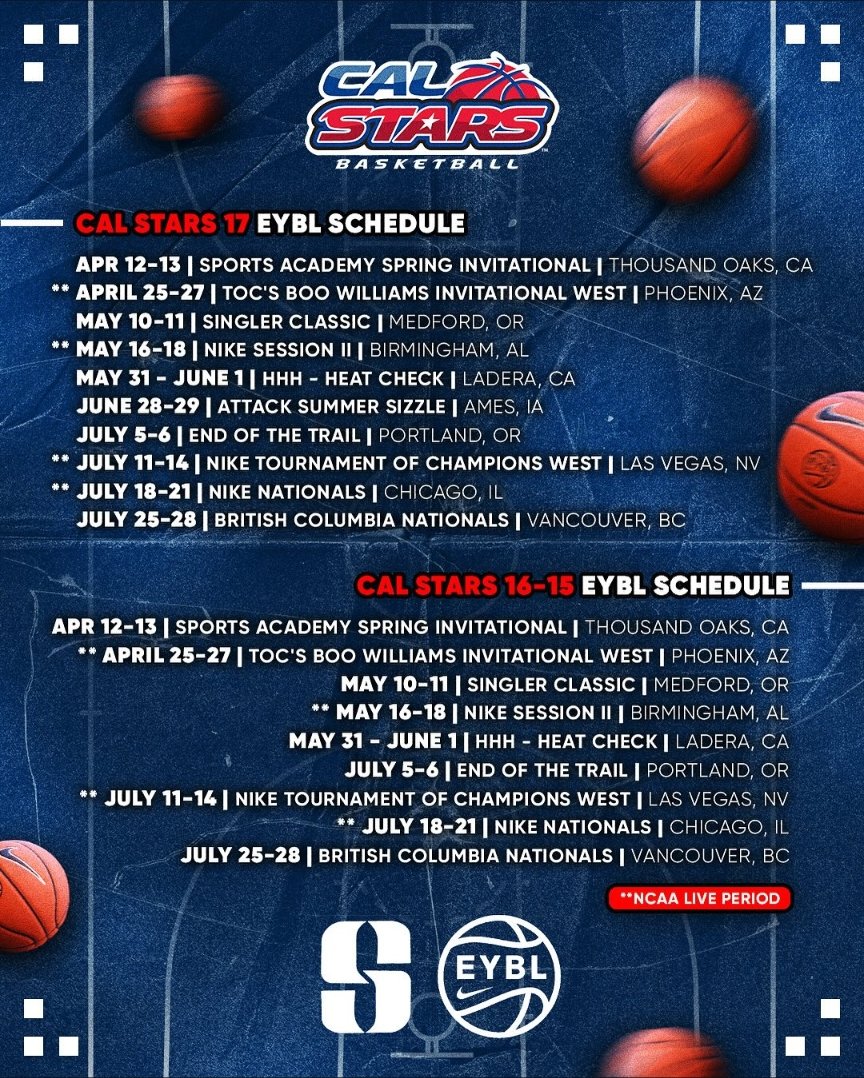 doe_ramie559r's tweet photo. Hey #CollegeCoaches 🚨
Full schedule for our #2025  #EYBL season.. 🏀 Cal Stars 16u EYBL⭐ https://t.co/U74Layl9b8