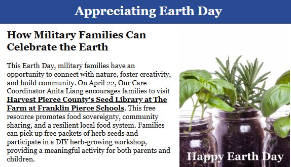 Happy Earth Day! 🌍 💚 🌳 
On this #EarthDay, one of our clinic's Care Coordinators gives tips on how to connect with nature, foster creativity, and build community. Read more in this month's newsletter here: conta.cc/4jDXFqX