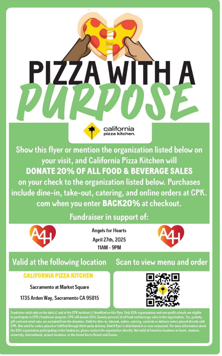 AngelsForHearts's tweet image. Join us at @CPK this Sunday, Apr 27, 2025, from 11AM-9PM for a special day of Pizza With A Purpose. Its so easy, just mention @angelsforhearts or show this photo see details below.
