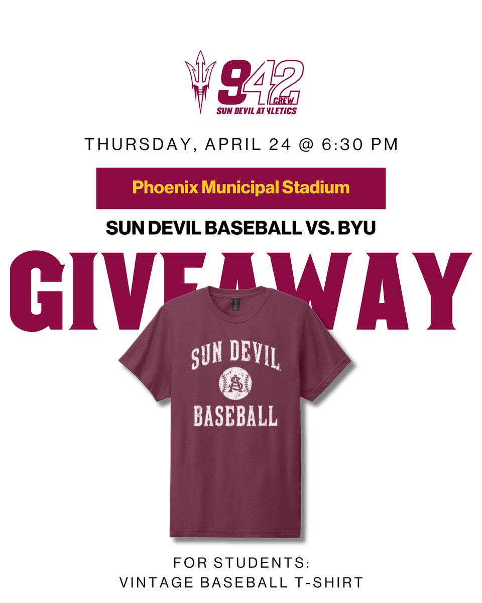 942 Crew (@942crew) on Twitter photo 2 days until <a href="/ASU_Baseball/">Sun Devil Baseball</a> takes on BYU! βΎοΈ
Weβll be giving away a vintage baseball tee at the game while they last!
Claim your tickets on the SDA app! π²ποΈ 2 days until <a href="/ASU_Baseball/">Sun Devil Baseball</a> takes on BYU! βΎοΈ
Weβll be giving away a vintage baseball tee at the game while they last!
Claim your tickets on the SDA app! π²ποΈ