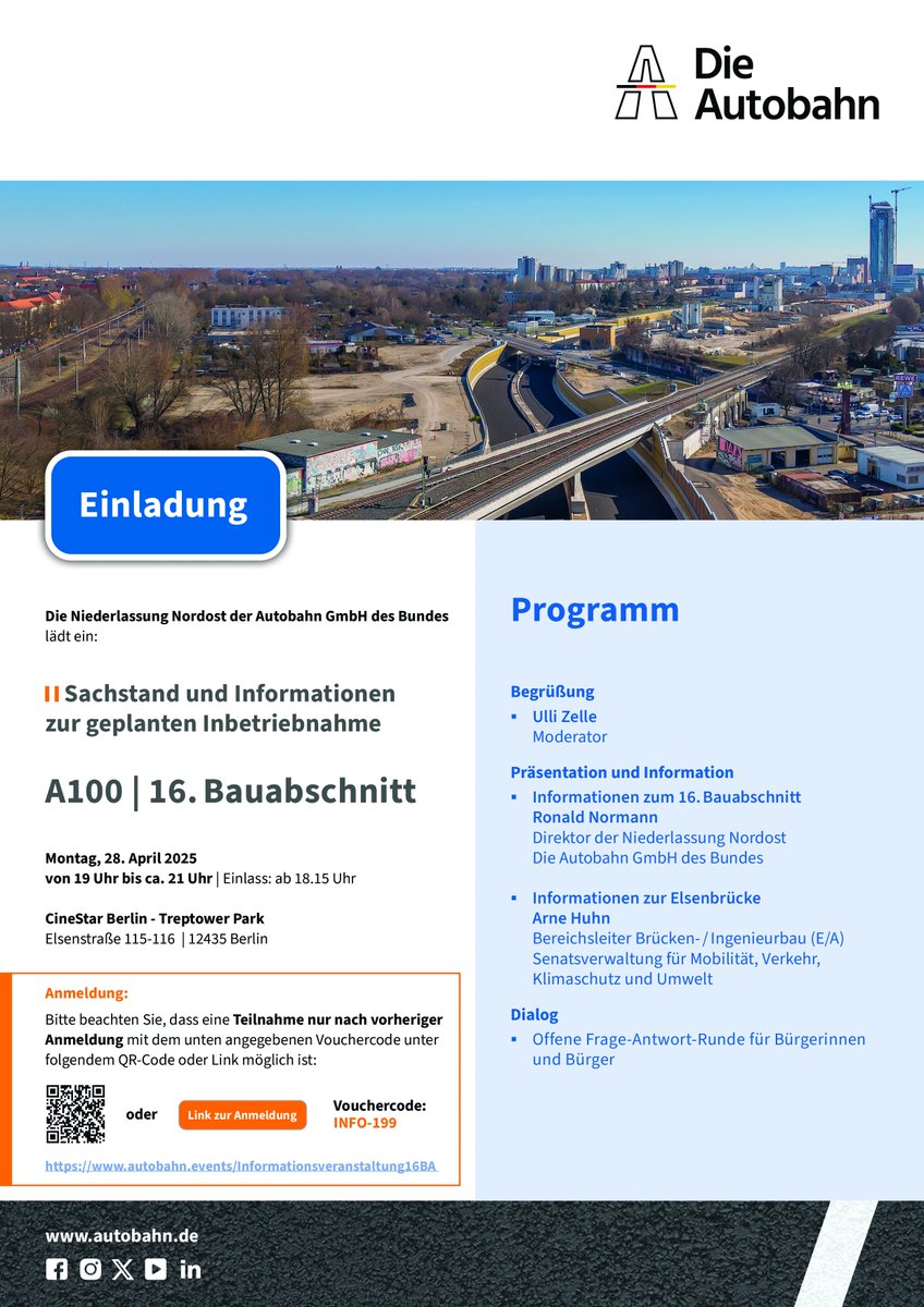 Bürger*innenInitiative A100 (@bi_a100) on Twitter photo Infoveranstaltung der <a href="/adb_nordost/">Autobahn_Nordost</a> zur geplanten Inbetriebnahme des 16. Bauabschnitts der #a100
➡️ Montag, 28.4.25 | 19 Uhr
➡️ CineStar Berlin - Treptower Park, Elsenstraße 115-116, 12435 Berlin
Leider nur nach vorheriger Anmeldung:
autobahn.de/planen-bauen/p…
#A100NichtMitUns Infoveranstaltung der <a href="/adb_nordost/">Autobahn_Nordost</a> zur geplanten Inbetriebnahme des 16. Bauabschnitts der #a100
➡️ Montag, 28.4.25 | 19 Uhr
➡️ CineStar Berlin - Treptower Park, Elsenstraße 115-116, 12435 Berlin
Leider nur nach vorheriger Anmeldung:
autobahn.de/planen-bauen/p…
#A100NichtMitUns