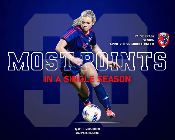 Congratulations to Senior Paige Frasz for setting the single season point record last night, in <a href="/AFHS_MWSoccer/">AFHS Soccer</a> ⚽️ win over Middle Creek. Re-writing the record 📚 #PatFam #RepAFHS