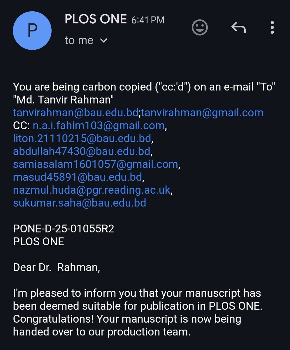 Fahim103N's tweet image. My Ms Thesis work has been accepted in the PLOS ONE journal. It’s a milestone for me. Surely, it  will boost my confidence and determination in research. Thank you my Supervisor @tanvirahman sir for his continuous support and guidance🤩.

#research #PLOS_ONE #AMR #Publication
