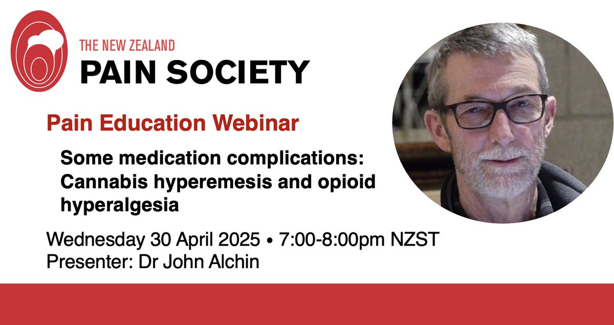 New Zealand Pain Society (@nzpainsoc) on Twitter photo NZPS 2025 Webinar Series - "Some medication complications: Cannabis hyperemesis and opioid hyperalgesia"
Presenter: Dr John Alchin
📅: Wed 30 April, 7–8pm NZST
FREE for <a href="/NZPainSoc/">New Zealand Pain Society</a> & <a href="/AusPainSoc/">Australian Pain Soc</a> members. $20 for non-members.
Register now 👉 eventbrite.co.nz/e/some-medicat… NZPS 2025 Webinar Series - "Some medication complications: Cannabis hyperemesis and opioid hyperalgesia"
Presenter: Dr John Alchin
📅: Wed 30 April, 7–8pm NZST
FREE for <a href="/NZPainSoc/">New Zealand Pain Society</a> & <a href="/AusPainSoc/">Australian Pain Soc</a> members. $20 for non-members.
Register now 👉 eventbrite.co.nz/e/some-medicat…