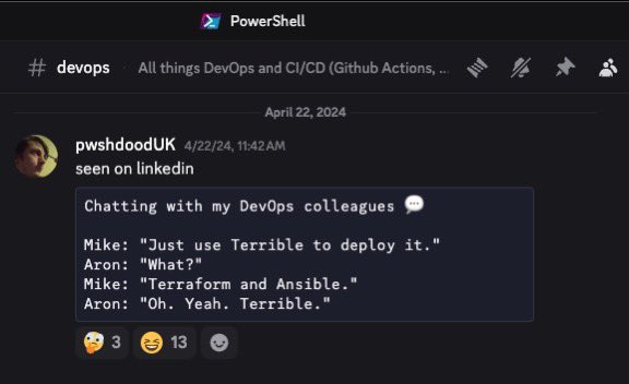 AllwaysHyPe's tweet image. I know I’m late to the party but so good 😂🤭 

#Terraform #Ansible #PowerShell
