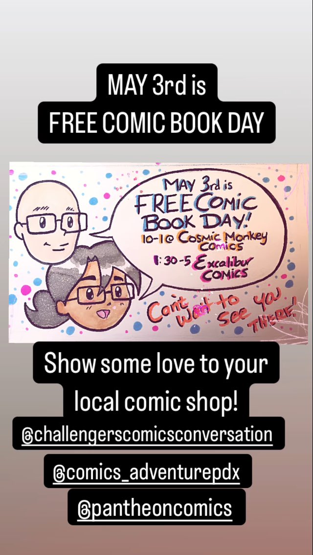 chibicelina's tweet photo. Show love to your local comic shop! @cosmicmonkey @ExcaliburPDX @Challengers #comicsadventure #pantheoncomics @TFAW #FCBD https://t.co/8NG3Reo1zT