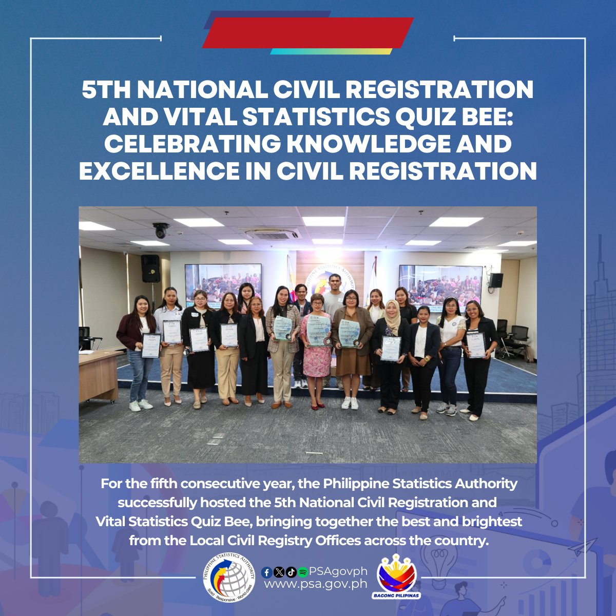 PSAgovph's tweet photo. 5th National Civil Registration and Vital Statistics Quiz Bee: Celebrating Knowledge and Excellence in Civil Registration

For the fifth consecutive year, the Philippine Statistics Authority (PSA) successfully hosted the 5th National Civil Registration and Vital Statistics (CRVS) Quiz Bee on 28 February 2025, at the PSA Headquarters in Quezon City. This annual event, a key highlight of the Civil Registration Month celebrations, brought together the best and brightest from the Local Civil Registry Offices (LCROs) across the country.

Read more here:
https://t.co/GyyR92FORt

#ResilientAgileFuturefitCRVS
#CivilRegistrationService