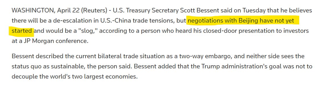 RnaudBertrand's tweet photo. I'm not making it up: Bessent said yesterday that "negotiations with Beijing have not yet started" (https://t.co/qogAYAg09x)

So the "ball moving in the right direction" is literally just them negotiating with themselves. https://t.co/xTD9MZIlMI