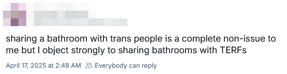 gendargh's tweet photo. Funny thing is they probably share bathrooms with TERFs way more than with trans people without even realizing it. https://t.co/BLBTuClbsc