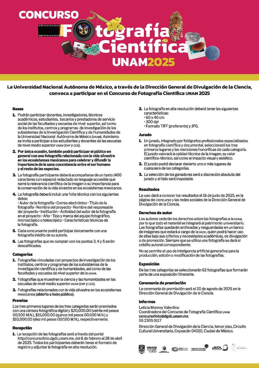 CCH UNAM (@cchunam) on Twitter photo Saca tu mejor foto y... ¡¡¡PARTICIPA!!! 📷📸
<a href="/DGDCUNAM/">Divulgación de la Ciencia, UNAM</a> te invita al Concurso de Fotografía Científica UNAM 2025.
Las imágenes deberán ilustrar actividad científica o mostrar vida silvestre en los ecosistemas mexicanos.
Checa las BASES ⬇
concursofoto.dgdc.unam.mx Saca tu mejor foto y... ¡¡¡PARTICIPA!!! 📷📸
<a href="/DGDCUNAM/">Divulgación de la Ciencia, UNAM</a> te invita al Concurso de Fotografía Científica UNAM 2025.
Las imágenes deberán ilustrar actividad científica o mostrar vida silvestre en los ecosistemas mexicanos.
Checa las BASES ⬇
concursofoto.dgdc.unam.mx