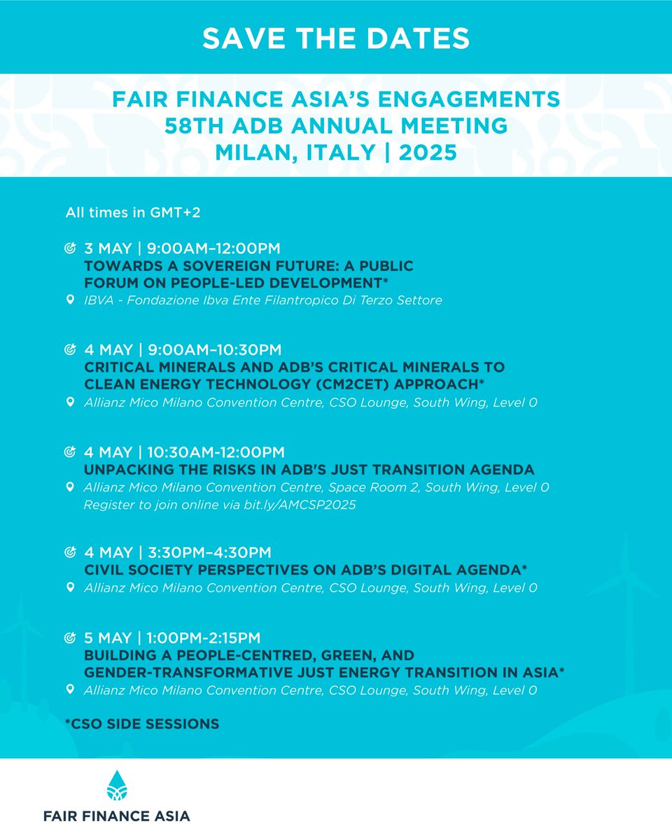 Fair Finance Asia (@fairfinanceasia) on Twitter photo Check out FFA's upcoming engagements at the 58th <a href="/ADB_HQ/">Asian Development Bank</a> Annual Meeting where we'll advocate for people-led development, a #gendertransformative #JustEnergyTransition, #cleanair, #humanrights in #transitionminerals & #DigitalRights.
See you in Milan! Check out FFA's upcoming engagements at the 58th <a href="/ADB_HQ/">Asian Development Bank</a> Annual Meeting where we'll advocate for people-led development, a #gendertransformative #JustEnergyTransition, #cleanair, #humanrights in #transitionminerals & #DigitalRights.
See you in Milan!