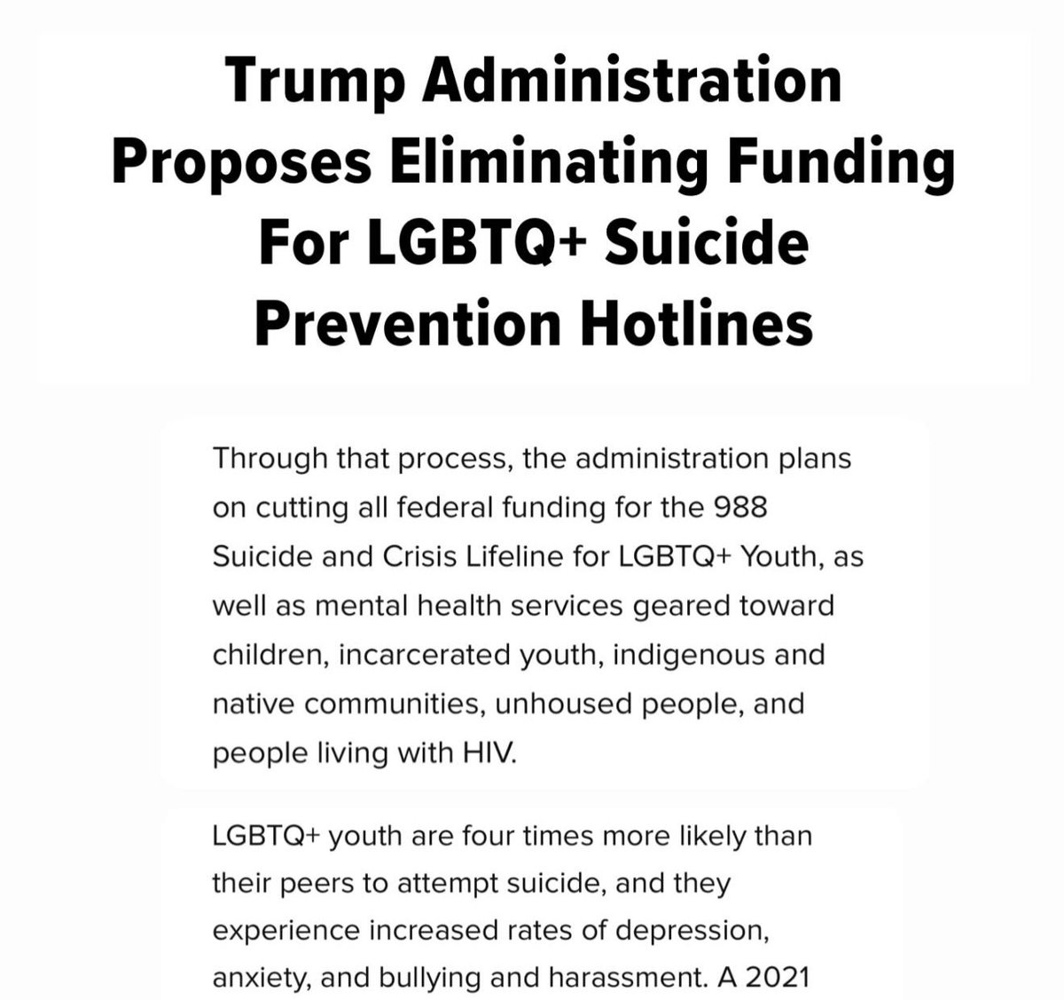 This administration has fired crisis counselors for our veterans and now for kids. This bullshit doesn’t make us great. 

Any one of these calls could be life or death for a child. This senseless act of cruelty will kill people and they know it.
