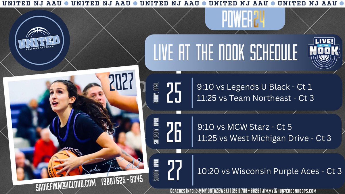 Sadie Finn (@finnsadie1223) on Twitter photo Here is my schedule for this weekends live event at the Nook! Can’t wait to get on the court!
<a href="/unitedNJaau/">United NJ AAU</a>
<a href="/CoachJimmy_O/">Jimmy Ostaszewski</a>
<a href="/CoachGaba/">Coach Joe Gaba</a>
<a href="/coach_elwood/">Shawn Elwood</a>
<a href="/GSB_WBB/">Knights WBB</a> Here is my schedule for this weekends live event at the Nook! Can’t wait to get on the court!
<a href="/unitedNJaau/">United NJ AAU</a>
<a href="/CoachJimmy_O/">Jimmy Ostaszewski</a>
<a href="/CoachGaba/">Coach Joe Gaba</a>
<a href="/coach_elwood/">Shawn Elwood</a>
<a href="/GSB_WBB/">Knights WBB</a>