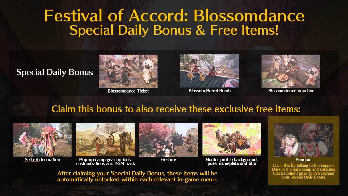 Hunters, the way to claim your free Sakura Felyne Teddy pendant in #MHWilds during the event has changed. After claiming your Special Daily Bonus, you can now claim the item by talking to the Support Desk in the base camp and selecting Claim Content.

Claim the Special Daily