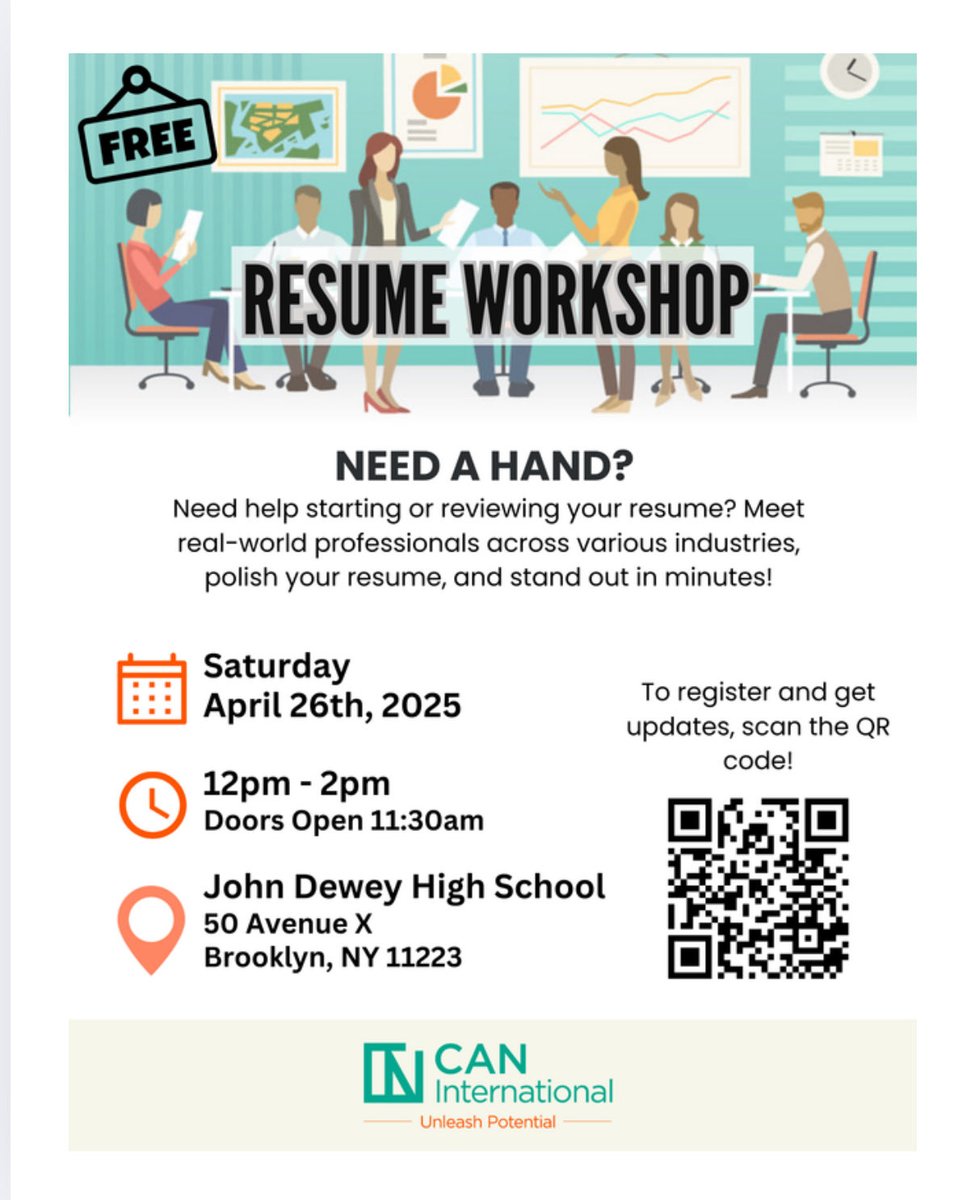 📣 Welcome Back Everyone! 🌸🎒
We hope you had an amazing and restful Spring Break! Now it’s time to jump back in and finish the school year strong 💪
✨ Mark your calendars!
📝 Resume Workshop
📅 Friday, April 26th 12pm - 2pm
📍 John Dewey High School
🎓 Sponsored by CAN Int’l