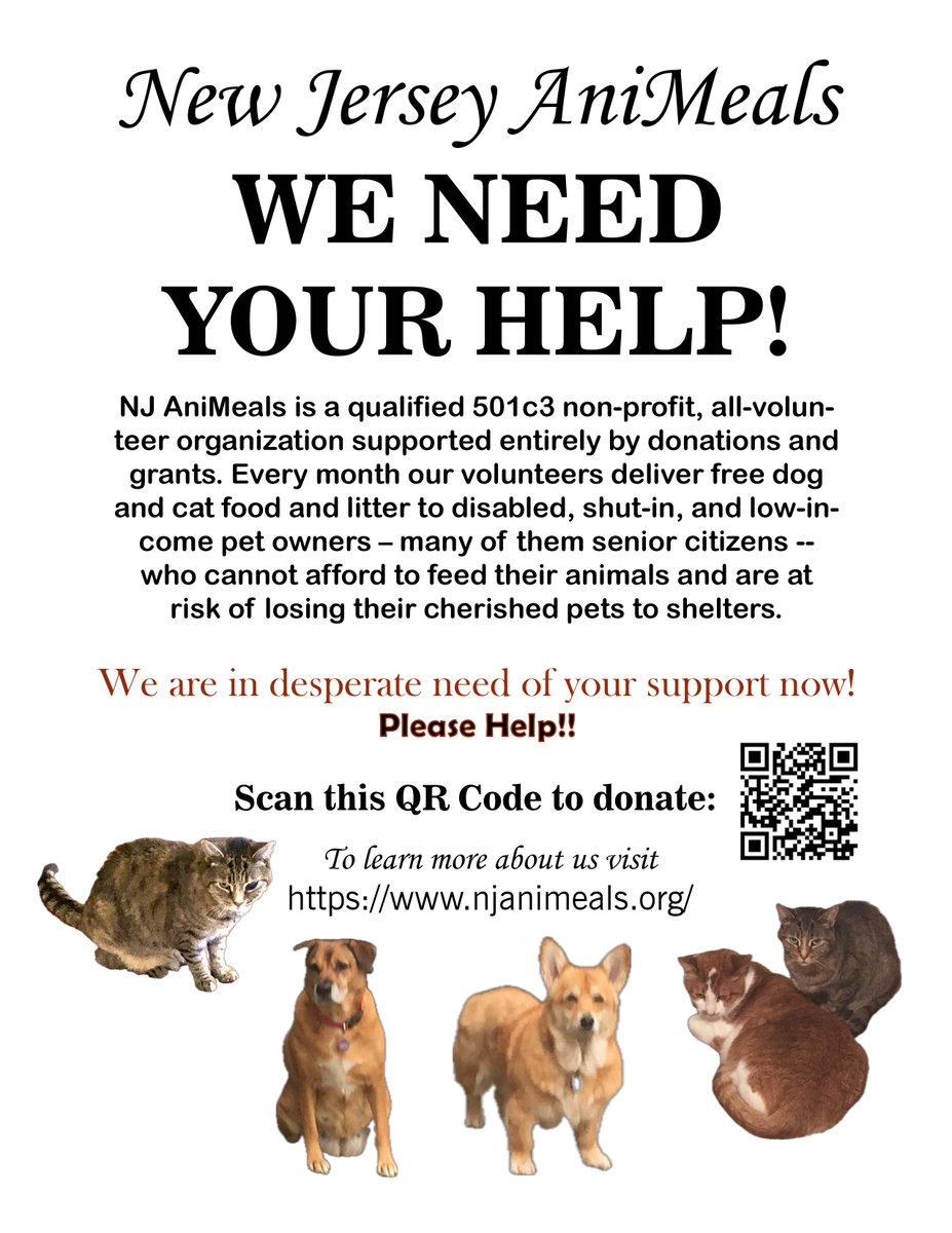 #Callfordonations: My MIL runs a non-profit called NJ Animeals which provides pet food to owners facing $ difficulties. Donations (and vols) have been down for a while . But she started it 18 years ago (!) - she really cares &amp; I'd hate to see it dissolve. Pls consider donating!