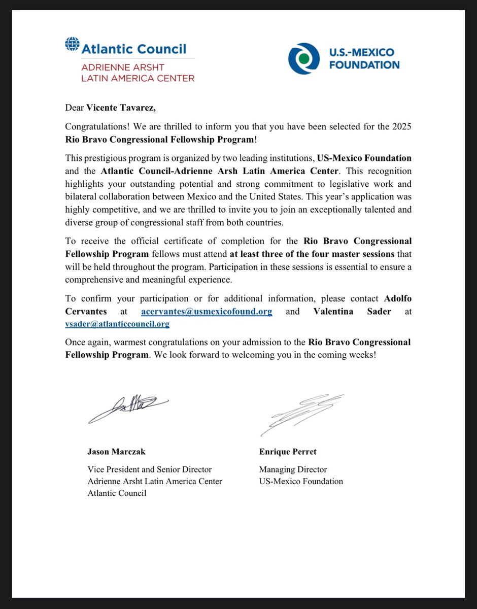 VinceTawars's tweet photo. ¡Uno más! 🙌🏼

Fui seleccionado para el Rio Bravo Congressional Fellowship Program 2025, programa organizado por la US-Mexico Foundation y el Atlantic Council – Adrienne Arsht Latin America Center para asesores parlamentarios de ambos países.

@USMexicoFound https://t.co/PgcAgBIY3u