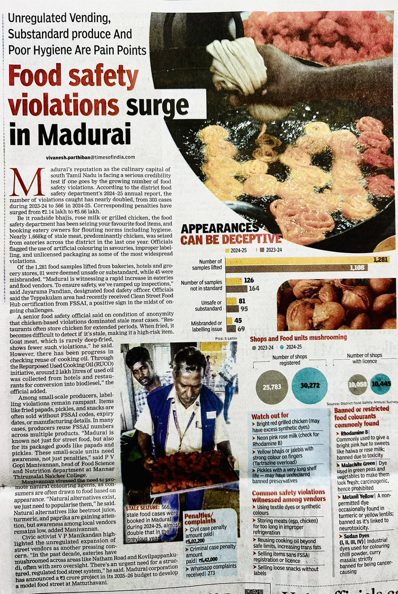 Vivanesh Parthiban (@vivaneshtoi) on Twitter photo Stale food violations in #Madurai nearly doubled in 2024–25 — 566 cases vs 303 (2023-24). Penalties surged to ₹5.66L . Over 1,668 kg of stale meat seized. Of 1,281 food samples tested in last one year , 81 were unsafe/substandard, 45 misbranded. #foodsafety <a href="/timesofindia/">The Times Of India</a> Stale food violations in #Madurai nearly doubled in 2024–25 — 566 cases vs 303 (2023-24). Penalties surged to ₹5.66L . Over 1,668 kg of stale meat seized. Of 1,281 food samples tested in last one year , 81 were unsafe/substandard, 45 misbranded. #foodsafety <a href="/timesofindia/">The Times Of India</a>