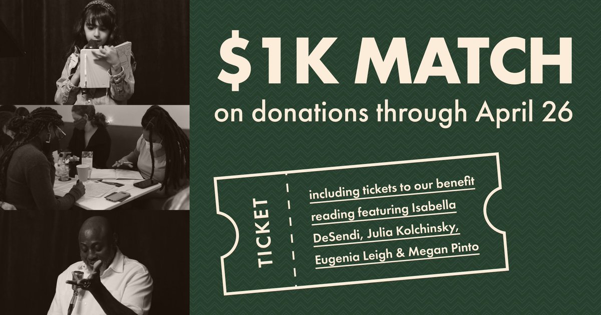 Brooklyn Poets (@brooklynpoets) on Twitter photo Thanks to the generosity of an anonymous donor, your donation to keep poetry and community accessible is matched through April 26thβincluding sliding scale donations to attend our reading ft. Isabella DeSendi, <a href="/jkolchpoetry/">Dr. Mama (aka Julia Kolchinsky)</a>, <a href="/EugeniaLeigh/">Eugenia Leigh</a> and <a href="/megg_bean/">Megan Pinto πππ</a>! mailchi.mp/brooklynpoets/β¦ Thanks to the generosity of an anonymous donor, your donation to keep poetry and community accessible is matched through April 26thβincluding sliding scale donations to attend our reading ft. Isabella DeSendi, <a href="/jkolchpoetry/">Dr. Mama (aka Julia Kolchinsky)</a>, <a href="/EugeniaLeigh/">Eugenia Leigh</a> and <a href="/megg_bean/">Megan Pinto πππ</a>! mailchi.mp/brooklynpoets/β¦